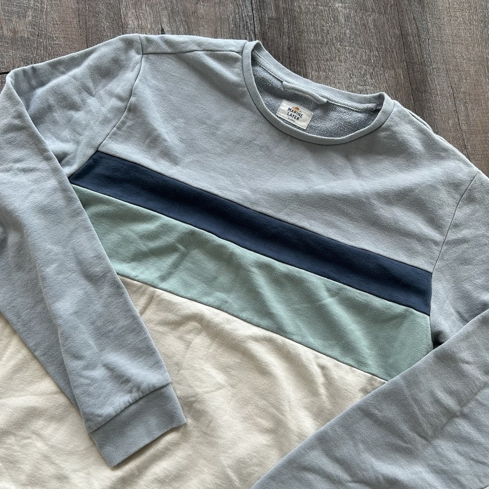 Marine Layer Sweatshirt Women XL Blue Colorblock Stripe Crewneck Pullover Fleece